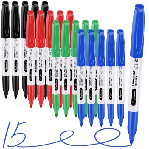 Fine Point Assorted Colors Permanent Markers Set, Works on Paper, Plastic, Metal, etc., for Adults, Artist, Teacher, Kids, Black, Blue, Red, 12 Count