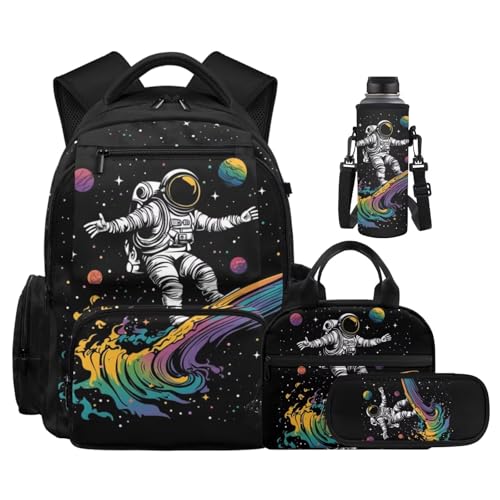 Galaxy Astronaut Backpack for Boys Girls Kids Backpack with Lunch Box Water Bottle Bag and Big Pencil Pouch 4PCS Soft Bookbag with 1 Compartments for School 17 inch Sturdy School Bag Gifts - color: Astronaut