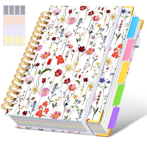 Hardcover Spiral Notebook Journal with Removable Dividers Tabs, 300 Pages 5 Subject Notebook College Ruled, 8"x10" Large Notebooks for Work School Note taking, Journal for Women, Flower White - color: Flower White, size: 8"x10"