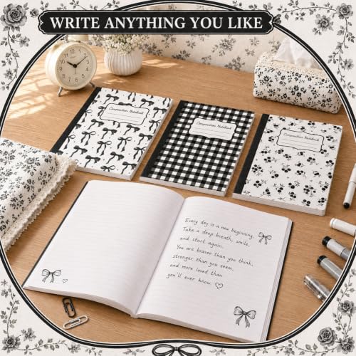 8 Pack Black Bow Composition Notebooks Bulk Black Notebook College Ruled Journal 100 Pages Cute Aesthetic Bow Composition Books Back to School Gift for Student Teacher Office Supplies 9.7x7.5 Inch - color: Black Bow