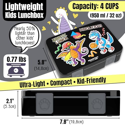 BEARFOOT Kids Lunch Box with Compartments – Compact & Lightweight | Leak-Proof, BPA-Free, Dishwasher Safe | Hand-Drawn Design for Preschool, School, Travel (Dinos Black, 4 Cups) - color: Dinos-Black, size: 4 Cups