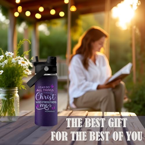 Christian Gifts for Women - I Can Do All Things Christ Water Bottle Water Bottle 18oz - Inspirational Religious Faith Gifts for Women - Christian Jesus God Bible Verse Prayer Gift for Christmas - color: Christian purple