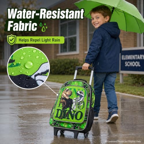 CCJPX 3PCS Dinosaur Kids Rolling Backpack Boys, School Bookbag with Wheels, Travel Roller Wheeled Backpacks for Toddler Elementary-Green - color: Dinosaur Green