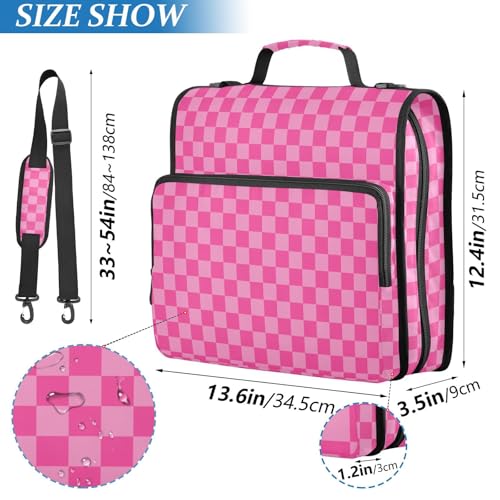 Zipper Binder Bag 3 Ring File Folder Portfolio Organizer Zippered Binder Bags with Strap Fits Laptop Women Men - color: 26-pink Checkered