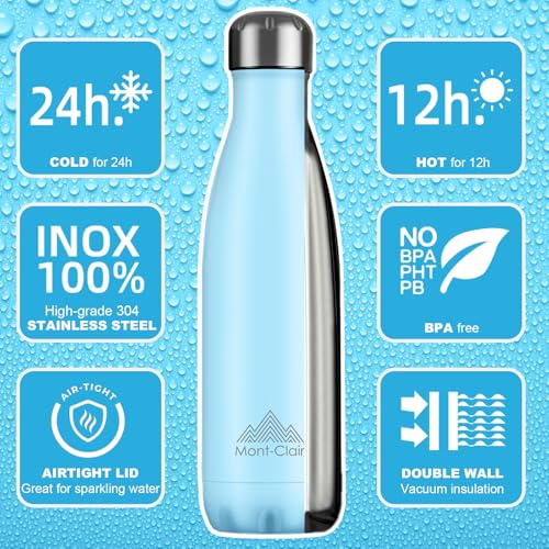 Mont-Clair Stainless Steel Water Bottle, Vacuum insulated - BPA Free, 12h Hot & 24h Cold Drinks, Metal Water Bottle 17 oz Leakproof, Ideal for Adult, Kids, Running - Pastel Blue - color: Pastel Blue, style: 17 Ounces
