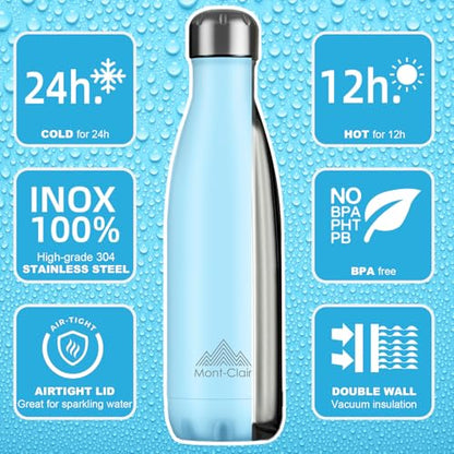 Mont-Clair Stainless Steel Water Bottle, Vacuum insulated - BPA Free, 12h Hot & 24h Cold Drinks, Metal Water Bottle 17 oz Leakproof, Ideal for Adult, Kids, Running - Pastel Blue - color: Pastel Blue, style: 17 Ounces
