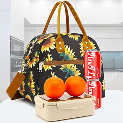 FlowFly Insulated Lunch Bag With Shoulder Strap for Women, Men, and Kids, Large and Reusable, Handle, Freezable Work and School Travel Tote and Meal Prep Organizer,Sunflower - color: Sunflower