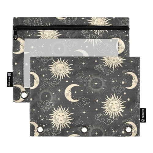 ZAZYXTJ Sun Binder Pencil Pouchs 3 Ring with Zipper Clear Window Office Organizers bag for School Students Teacher Supplies 2 Pack - color: Sun