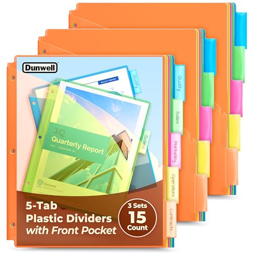 Dunwell 5-Tab Dividers with Pocket for 3-Ring Binders (3 Sets, 15 Count), Plastic One Pocket Dividers with Tabs, Slash File Jackets 3 Hole Punched for 8.5x11 Paper, Poly Pocket Notebook Dividers - size: 3 Sets (15 pcs), style: 1 Pocket