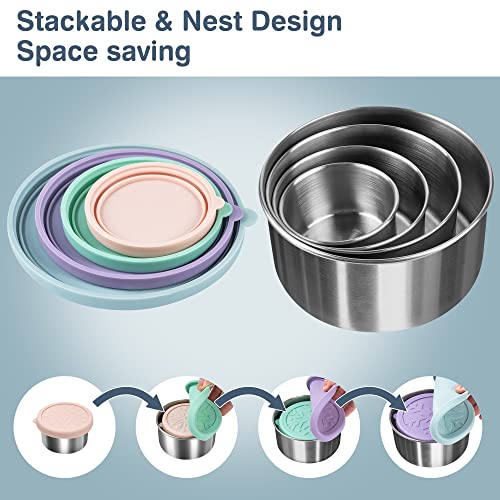 18/8 Stainless Steel Food Snack Storage Containers(4 Pack: 3/7/13/22oz) | Stackable, Leakproof Lunch Box with Silicone Lid, for Kids and Toddler Home School Use - color: 4 Pack(Light Pink, Light Green, Light Purple, Light Blue)