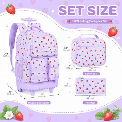 CCJPX 3Pcs Rolling Backpack for Girls, Roller Wheeled School Bookbag, Strawberryra Wheels Backpacks with Lunch Box for Kids (Purple) - color: Strawberry Purple
