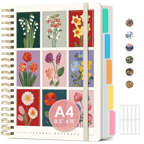 Large Spiral Notebook with Dividers & Tabs, 8.5" x 11" Hardcover 5 Subject Notebook for Work, 280 Pages, College Ruled, Cute Journal for Women, Perfect for Study & Office Note Taking, Floral Gallery - color: S-Floral Gallery