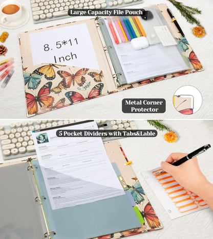 3 Ring 1 Inch Binder Organizer, KLLVE Three Ring Binders with Clipboard, 5-Tabs Pockets Dividers, Plastic Folder, 18 Divider Stikers,Pen Loop (Butterfly, Letter Size) - color: Butterfly, size: 1in（Letter Size）