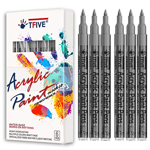 TFIVE Silver Marker Paint Pens - 6 Pack Acrylic Permanent Marker, 0.7mm Extra Fine Tip Waterproof Metallic Paint Markers for Art Project, Rock, Ceramic, Glass, Wood, Plastic, Metal, Canvas, DIY Craft - color: Silver