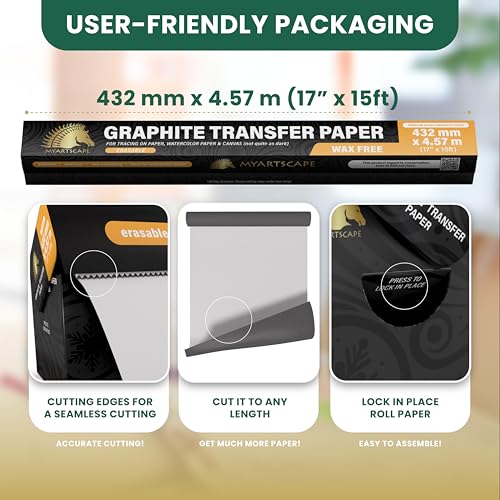 MyArtscape Graphite Transfer Paper Roll, Wax-Free, 17" x 15ft Transfer Paper Roll, Graphite Paper, Precise Carbon Paper Ideal as tracing Paper for Drawing