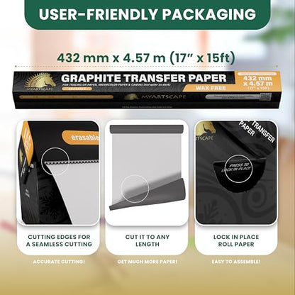 MyArtscape Graphite Transfer Paper Roll, Wax-Free, 17" x 15ft Transfer Paper Roll, Graphite Paper, Precise Carbon Paper Ideal as tracing Paper for Drawing