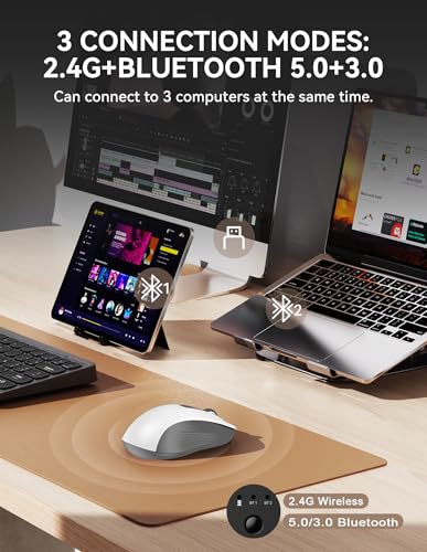 TECKNET Bluetooth Mouse, [ USB + BT1 + BT2 ] Wireless Mouse for Laptop, Silent Click, Ergonomic Design, 4800 DPI Computer Mice Wireless, Dual Mode for Laptop, Computer, iPad, MacBook - color: Grayish White