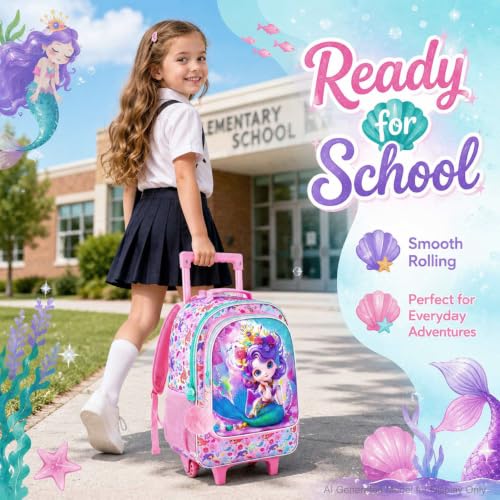 3Pcs Mermaid Rolling Backpack for Girls, Kids School Backpacks with Wheels, Roller Bookbag with Lunch Box for Elementary Preschool(Pink) - color: Mermaid Pink02