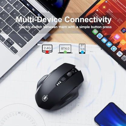Uineer Wireless Bluetooth Mouse,[Upgraded] Rechargeable (BT 5.0/4.0+2.4G Hz),Computer Mouse with Visible Battery Level, 4 Adjustable DPI, Portable PC Mouse for MacBook Chromebook,Black - color: Black