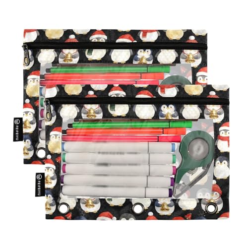 Christmas Penguins Pencil Pouches for 3 Ring Binder, Zipper Binder Pencil Case, 2 Pack Clear Window Case Bag for Office Organizers - color: Christmas Penguins