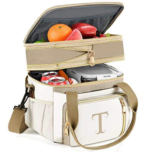 LOKASS Personalized Initial Lunch Bag for Women, Double Deck Insulated Cooler Lunch Bag with Strap, 16L Large Leakproof Adult Lunch Box for Work, Picnic, Travel, Teachers, Nurses, Friends - T - color: T