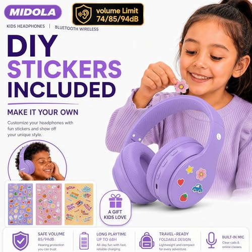 MIDOLA Kids Bluetooth Headphones 68H Play Time,Volume Limit 85/94dB, Foldable Lightweight Wireless Over-Ear Headphone for Kid Toddler Child Pad Tablet,Headsets with Built-in Mic Light Purple - color: Light Purple