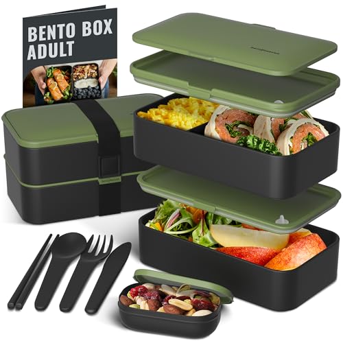 Bentoheaven Bento Box Adult, Stackable Lunch Box, 40 oz, Olive Garden | BPA-free, leakproof and microwave-safe with 2 compartments, utensils, chopsticks, divider and sauce cup for men and women. - color: Olive Garden