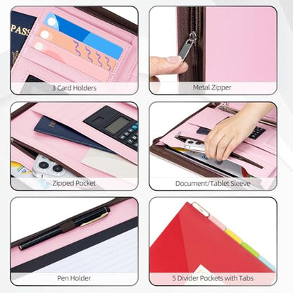 Ospelelf Pink Leather Portfolio Binder 3 Ring, Zippered Clipboard Folder with Storage - 5 Dividers with Pocket, Padfolio for Women,12.1” Tablet Sleeve, Refillable Notepad, Card Slot - color: Pink