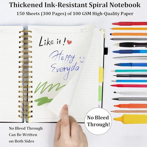 Layway 5 Subject College Ruled Notebook, Hardcover Spiral with Removable Dividers - 8x10 Inch 300 Pages No Bleed Paper for School, College, Work, Students (Black)