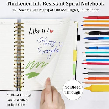 Layway 5 Subject College Ruled Notebook, Hardcover Spiral with Removable Dividers - 8x10 Inch 300 Pages No Bleed Paper for School, College, Work, Students (Black)