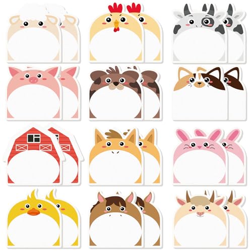 Yinder 24 Pads Cute Sticky Notes Fun Kawaii Farm Animal Sticky Notes Pads Bulk Cartoon Memo Self Adhesive Gift Back to School Veterinary Office School Tab Party Supplies - style: Farm Animals