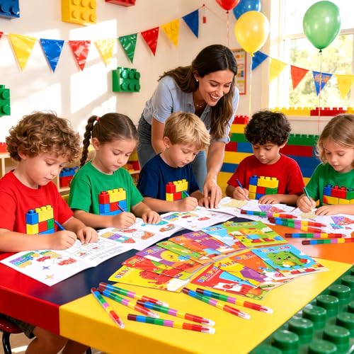 BenLouis 24 Building Block Mini Coloring Books Kids with 24 Stacking Crayons Geometric Shapes Party Favors Activity Books Bulk for Kids Building Goodie Bag Gift Stuffer Classroom Reward - style: Building Block