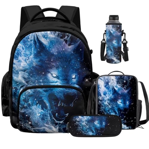 Blue Galaxy Wolf Backpack for Boys Girls Kids Backpack with Lunch Box Water Bottle Pouch and Zipper Pencil Case 4PCS Set Bookbag with Pockets for School 17 inch Large School Bag - color: Blue Wolf