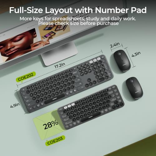 seenda Wireless Bluetooth Keyboard Mouse Combo, COE202 Retro Cute Round Keyboard, Silent Mouse, 3 Multi-Device Connection, Full Size Compatible for PC/Laptop/Mac/MacBook/iPad/Tablet, Black - color: Black