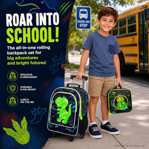 CCJPX 3PCS Dinosaur Rolling Backpack for Boys, 18" Kids Dinosaur Backpacks with Roller Wheels, Wheeled Bookbag with Lunch Box for Toddler Elementary School (Black) - color: Black Green Dinosaur