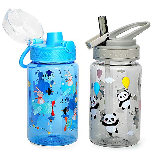 16oz Kids Water Drinking Bottle - Tritan BPA Free, Auto Flip Chug Lid, Sip Straw Lid, Carry Loop, Lightweight, Leak-Proof, Cute Design For Girls & Boys - 2 Pack Panda & Airplane - color: Panda & Airplane