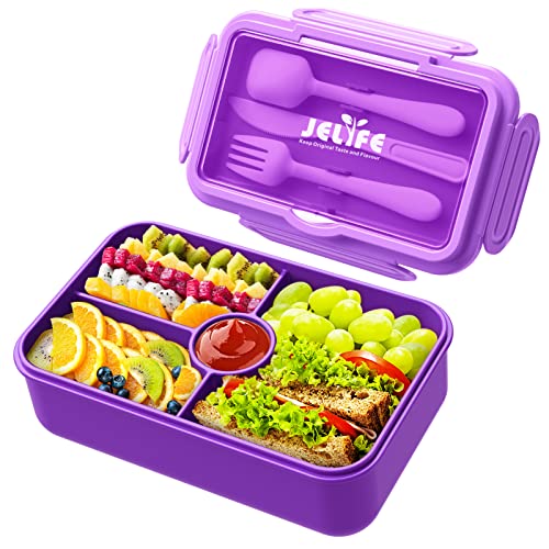 Jelife Lunch Box Kids Bento Box - Large Bento-Style Leakproof 4 Compartments Kids Lunchbox Food Containers with Utensils for Back to School, Reusable On-the-Go Meal and Snack Packing, Purple - color: 1100ml-Purple