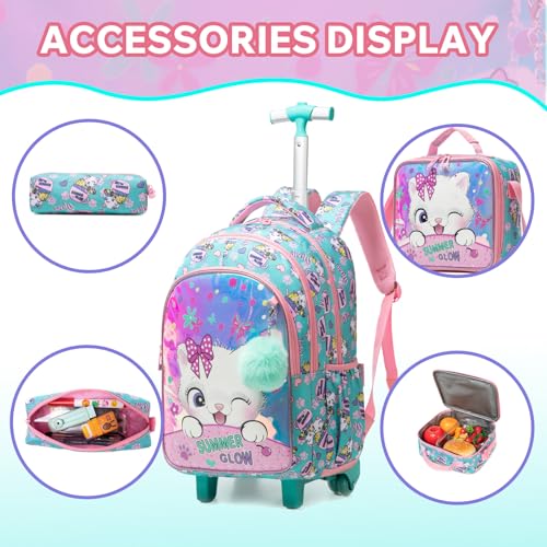 Kids Rolling Backpack for Girls Trolley Suitcases Luggage Travel with Wheels Bookbag Wheeled 17" 3PCS Roller Backpacks Toddler Back Pack School Bags Set for Elementary Cats Phantom Color - color: 5225-maomi-colourful