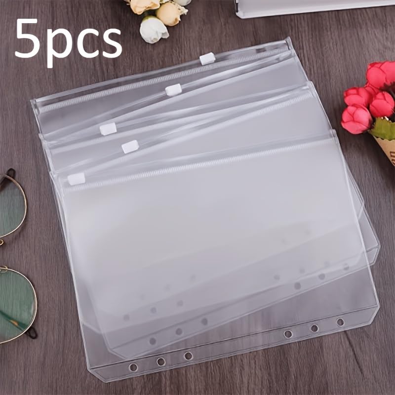 5PCS 6 Holes A5 Binder Pockets Clear Zipper Folders for 6 Ring Loose Leaf Notebook Waterproof PVC Organizer