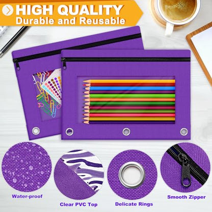 Pencil Pouch for 3 Ring Binder, 2 Pack Pencil Bags with Zipper, Purple Pencil Case for Classroom School Office Supplies, Large Sturdy and Durable Cloth Pencil Pocket for 3 Holder Binder - color: Purple