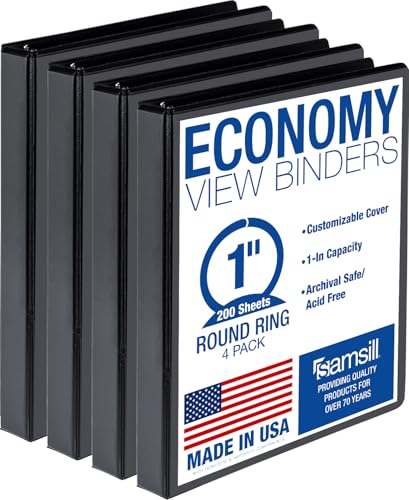 Samsill 1 Inch 3 Ring Binders, Economy Round Ring, Clear View Cover, 200 Sheet Capacity - for School, Home, Office - Black, 4 Pack - size: 4-Pack, style: 1 Inch
