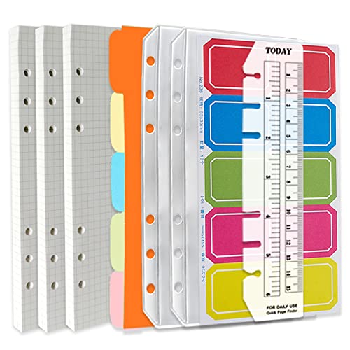 DY.2ten a6 6-Hole Binder Notebook Refills Set - 135 Sheets (270 Pages) Graph Paper + 2pcs Zipper Binder Pockets + 5 Pcs Dividers + Index Note Tabs + Ruler for Filofax a6 - color: A6 Square Paper