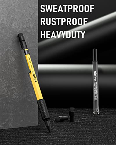 Nicpro 1.3 mm Mechanical Pencil Set with 12 Lead Refill, Eraser - Weatherproof Metal MP2000 Heavy Duty Carpenter Pencil for Outdoor Marking Drafting Drawing Sketching Woodworking - with Case - style: 1 Pack (Yellow)