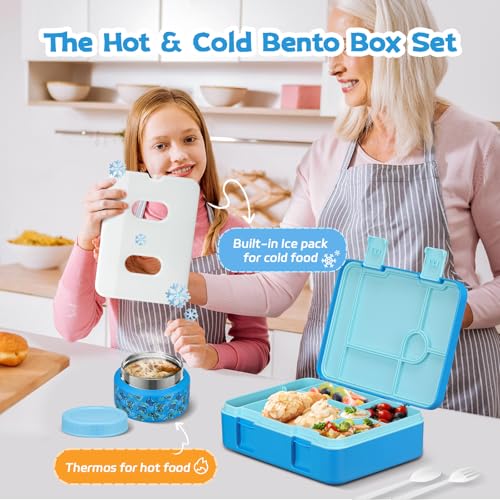 Bento Lunch Box Kids and 9oz Soup Thermos – 5.5-Cup Leakproof Kids Bento Box with Ice Pack & 9oz Insulated Food Jar – Hot & Cold Food Lunch Container for Boy Girl School, Blue Set - color: Blue Set