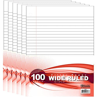 BAZIC Products Wide-Ruled Filler Paper, 3-Hole Punched, 100 Sheets, 6-Pack | 10.5 x 8 in, fit standard 3-ring binders, class notes and homework - color: Wide Ruled (100 Sheets), size: 6-Pack