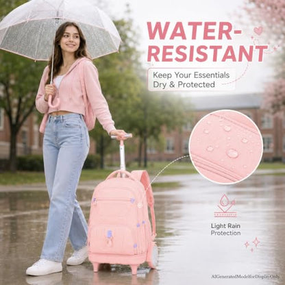 CCJPX 3Pcs Women & Girls Rolling Backpack with Bigger Wheels, Extra-Large Wheeled Bookbag with Lunch Box, Water Resistant Extra-Large Roller Luggage for Travel, Work, College (Pink) - color: Pink(upgrade Large Wheel)