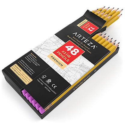 ARTEZA HB Pencils #2, Pack of 48 Wood-Cased Graphite Pre-Sharpened Pencils in Bulk, Office and School Supplies for Exams, Classrooms, Students