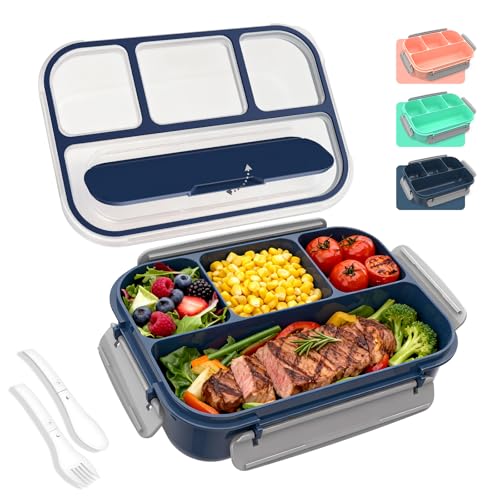 WHALEHOUSE Bento Lunch Box, 1300ML 4 Compartments Meal Prep Container with Utensil, Airtight Food Storage Container with Snap Locking Lids, Microwave/Dishwasher/Freezer Safe, On the Go - color: 1300mL-Dark Blue