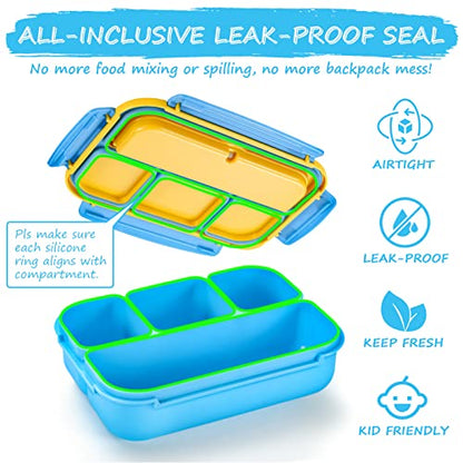QQKO Bento Lunch Box for Kids Girls Boys, Toddler Kids Lunch Boxes for School, Lunch Containers for Adults with 4 Compartments, Sauce Container, Utensils, Food Picks and Muffin Cups, Blue - color: Blue