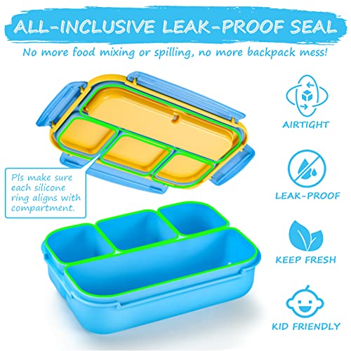QQKO Bento Lunch Box for Kids Girls Boys, Toddler Kids Lunch Boxes for School, Lunch Containers for Adults with 4 Compartments, Sauce Container, Utensils, Food Picks and Muffin Cups, Blue - color: Blue